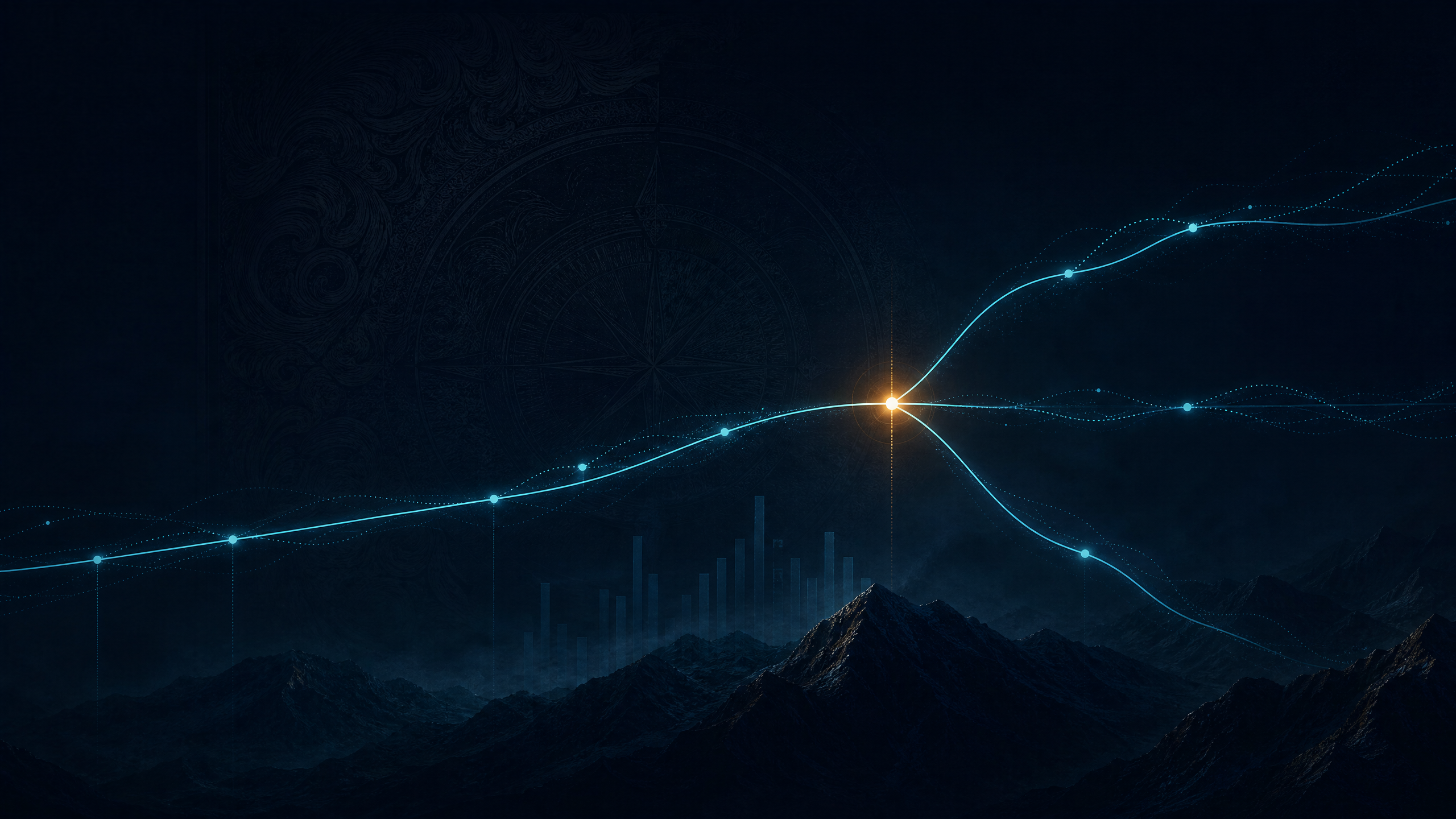 Abstract branching market paths with a highlighted decision point