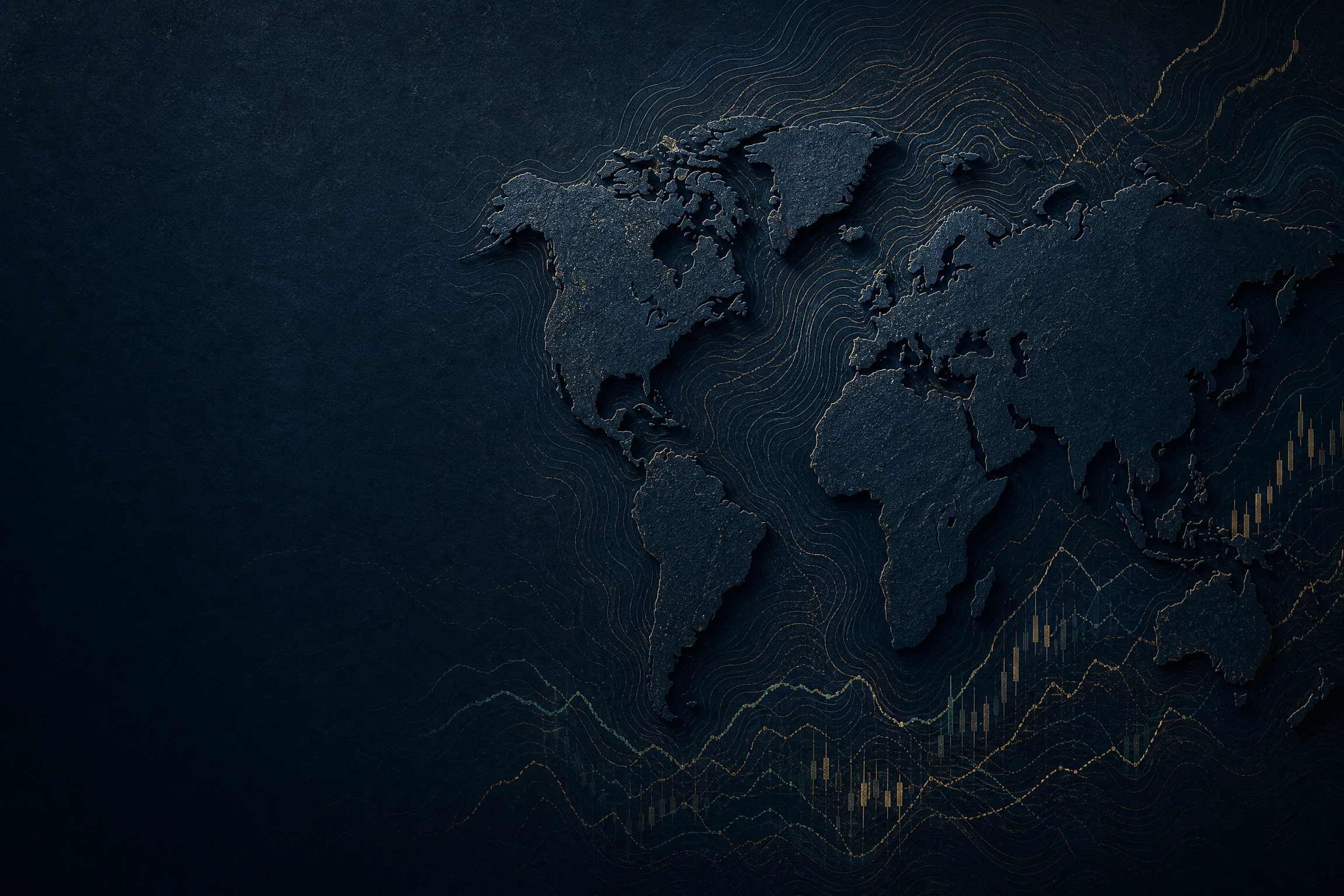 Dark editorial world map with economic contour lines and market signals