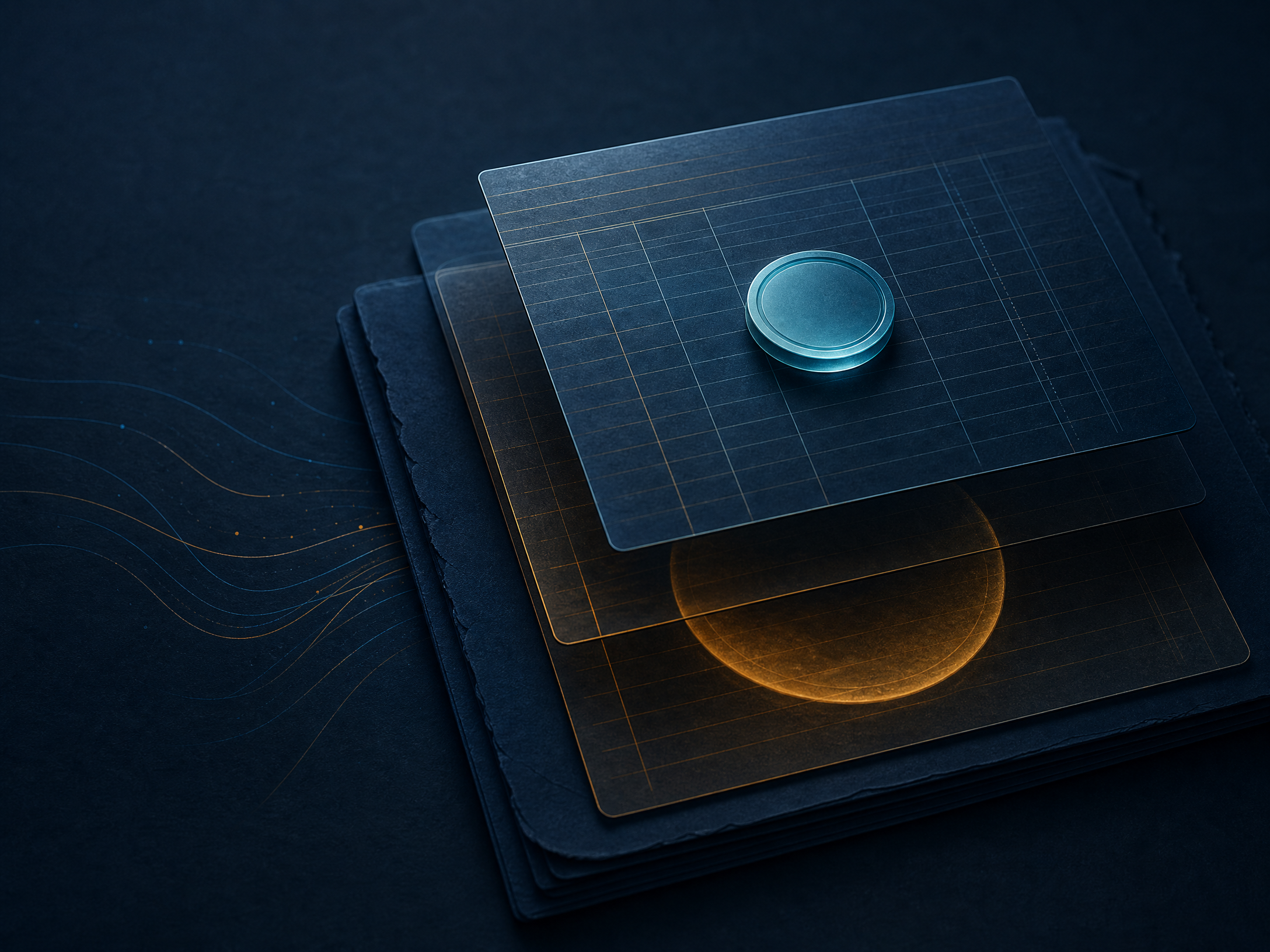 Abstract dark ledger layers representing credit and hidden obligation